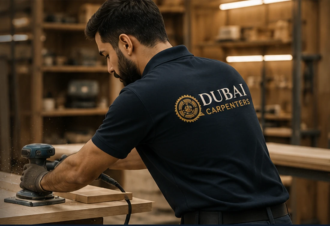 Professional carpenter providing carpentry services in a Dubai workshop