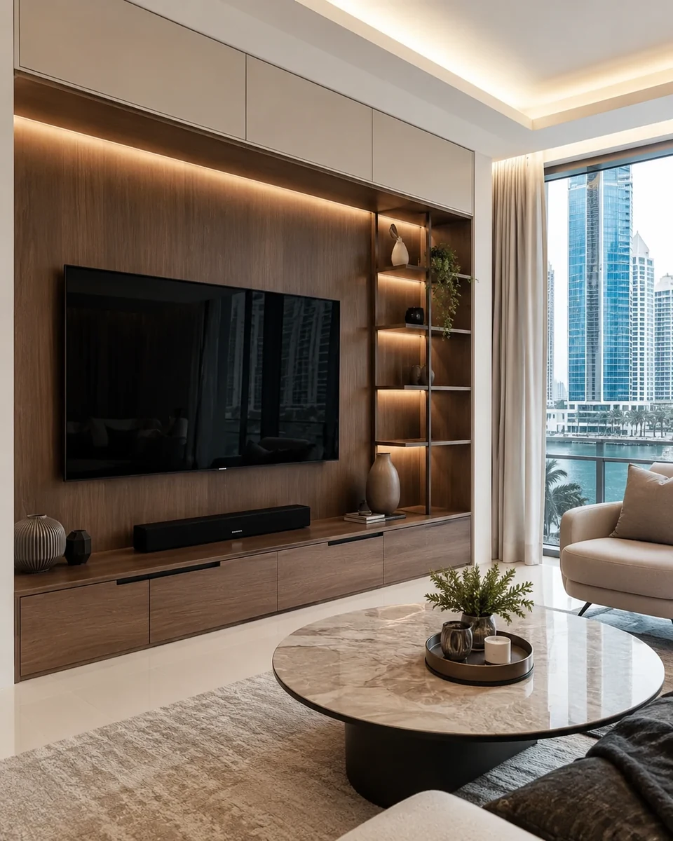 Custom TV unit and fitted carpentry completed in a Dubai apartment